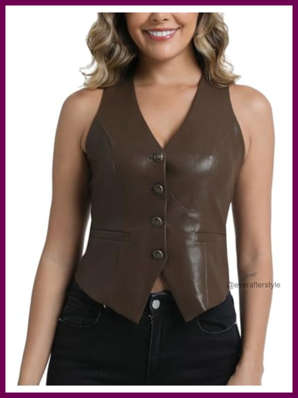 PU Leather Vest V Neck Sleeveless Button Down Faux Leather Waistcoat